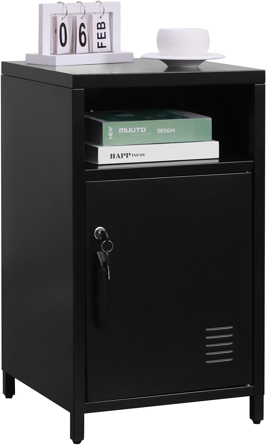 ALBAD Compact Metal Nightstand with Lockable Cabinet and Open Shelf, Modern Bedside Table, Versatile Side Table for Bedroom, Living Room, or Office (Black, 26" H-Lockable Door)