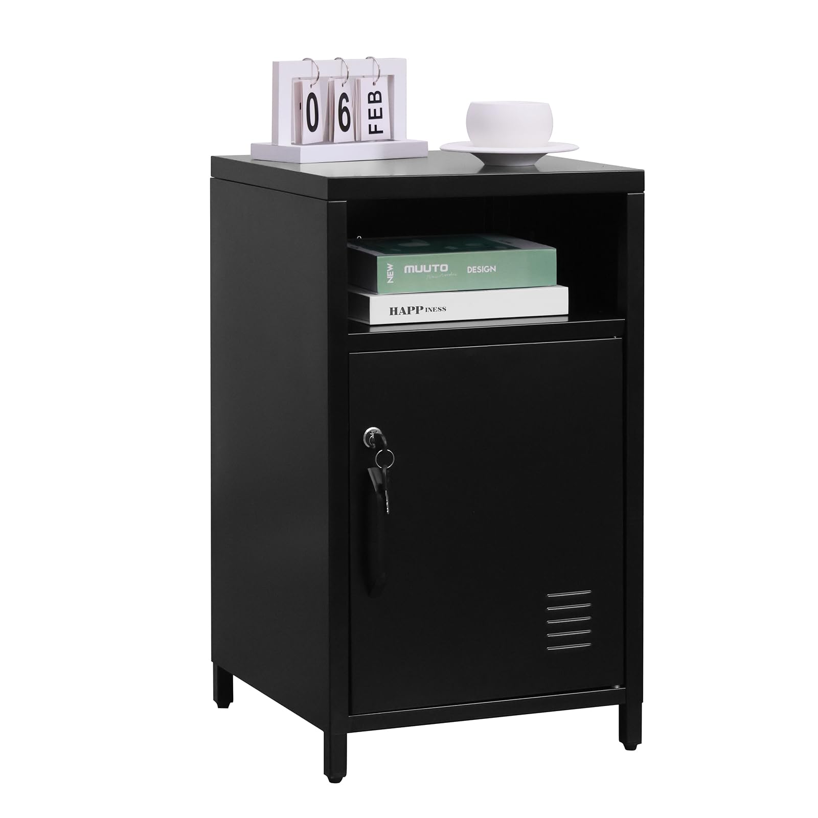 ALBAD Compact Metal Nightstand with Lockable Cabinet and Open Shelf, Modern Bedside Table, Versatile Side Table for Bedroom, Living Room, or Office (Black, 26" H-Lockable Door)