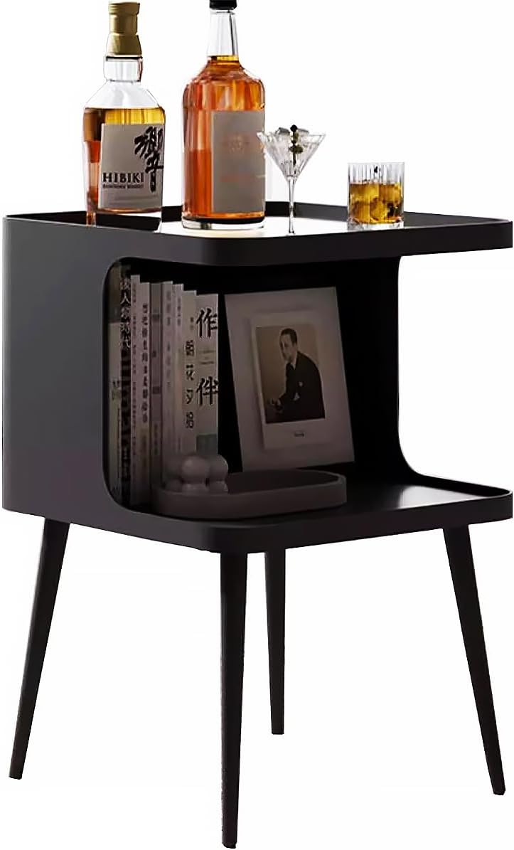 Modern Metal Side Table Nightstand, Small Square End Table for Bedroom & Living Room, Matte Black Bedside Table with Storage, Minimalist Accent Table for Small Spaces