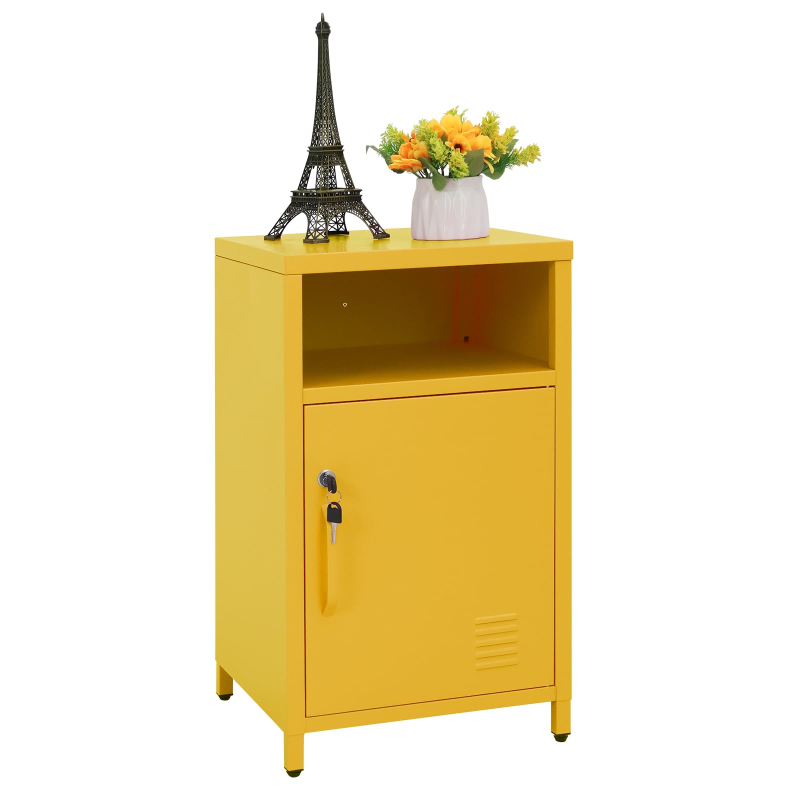 ALBAD Compact Metal Nightstand with Lockable Cabinet and Open Shelf, Modern Bedside Table, Versatile Side Table for Bedroom, Living Room, or Office (Black, 26" H-Lockable Door)