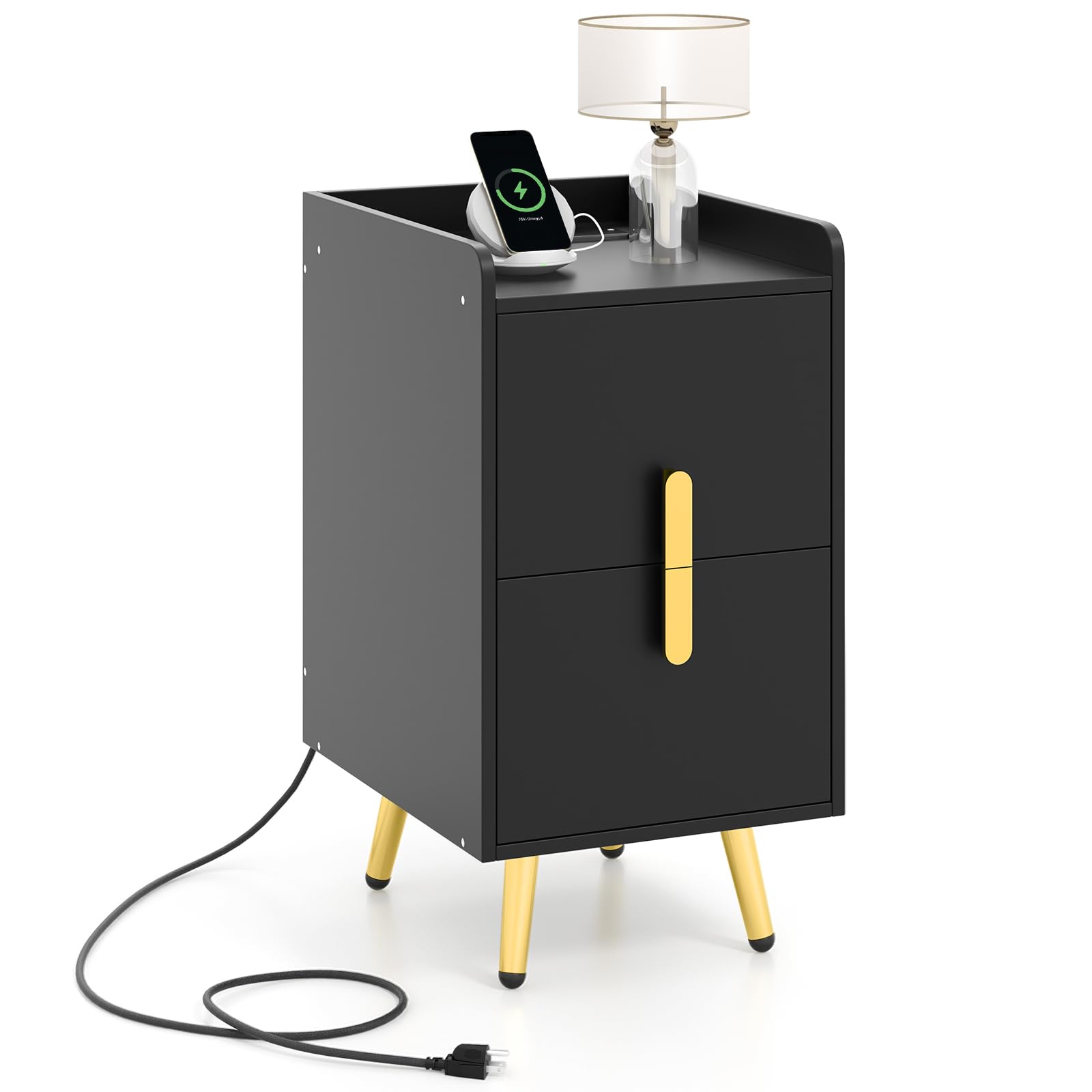Giantex Nightstand with Charging Station Set of 2, Narrow End Table with 2 Drawers & Metal Gold Legs, Small Sofa Side Table w/USB & Type-C Port, 3 Outlets, Modern Night Stand for Small Spaces, White