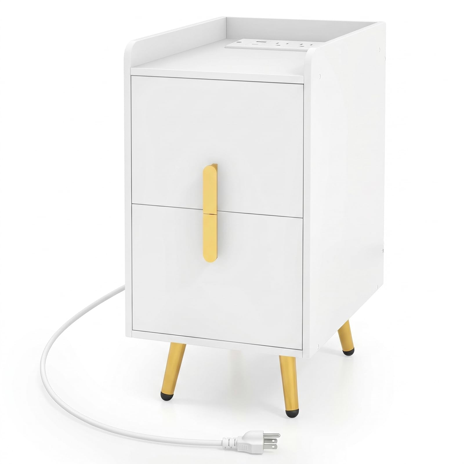 Giantex Nightstand with Charging Station Set of 2, Narrow End Table with 2 Drawers & Metal Gold Legs, Small Sofa Side Table w/USB & Type-C Port, 3 Outlets, Modern Night Stand for Small Spaces, White