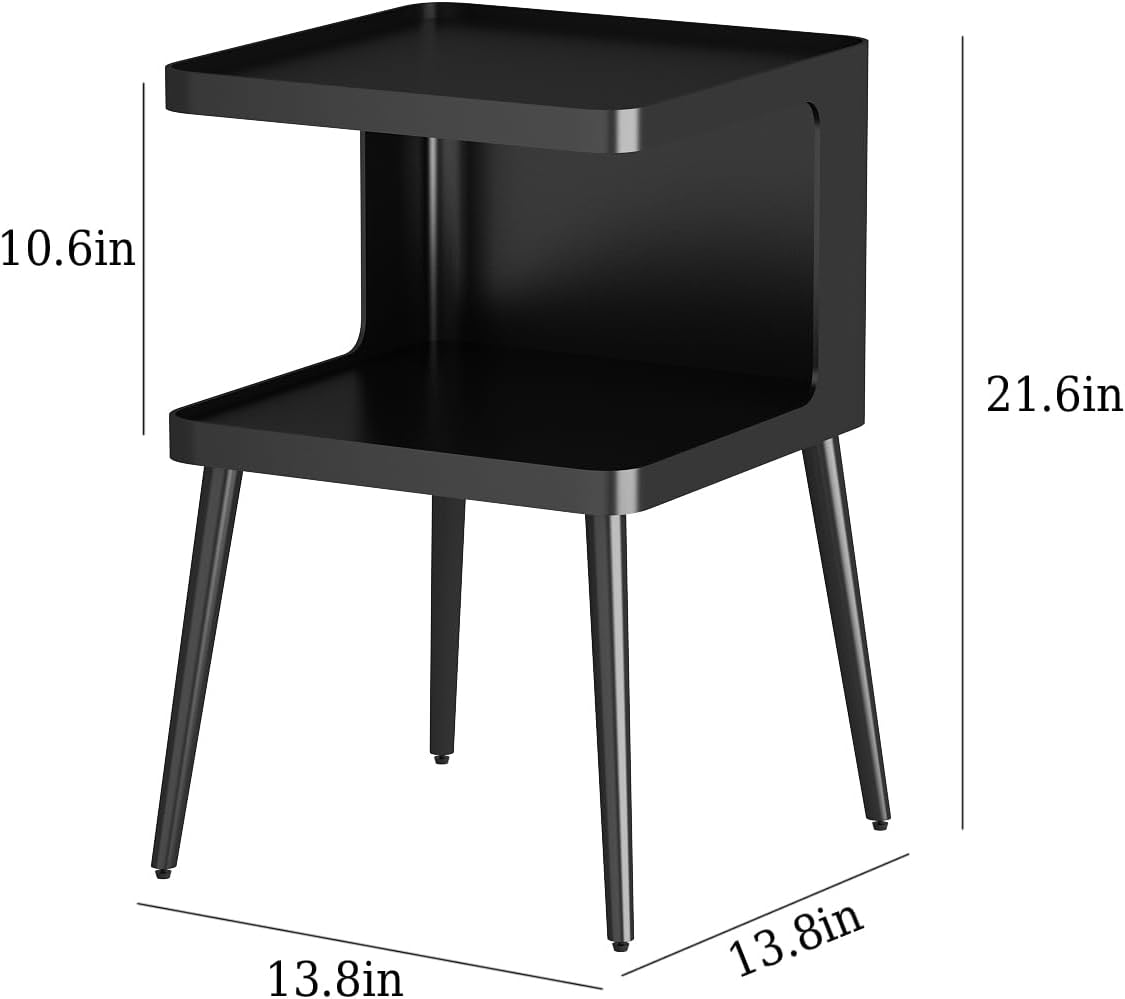 2-Tier Black Metal Side Table, Square Accent Nightstand for Bedroom Living Room