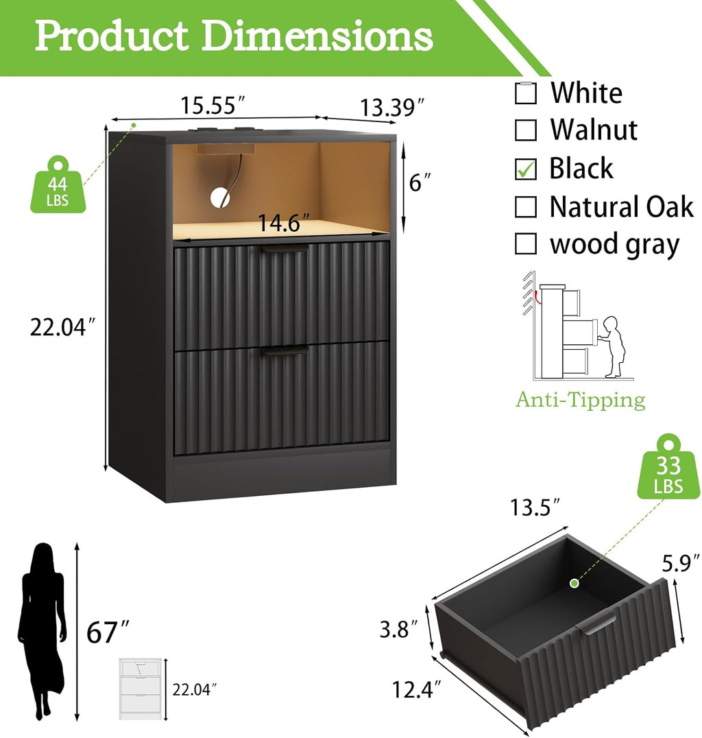 2-Pack Black Fluted Nightstand, LED Side Table with Charging Station for Bedroom