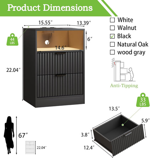 2-Pack Black Fluted Nightstand, LED Side Table with Charging Station for Bedroom