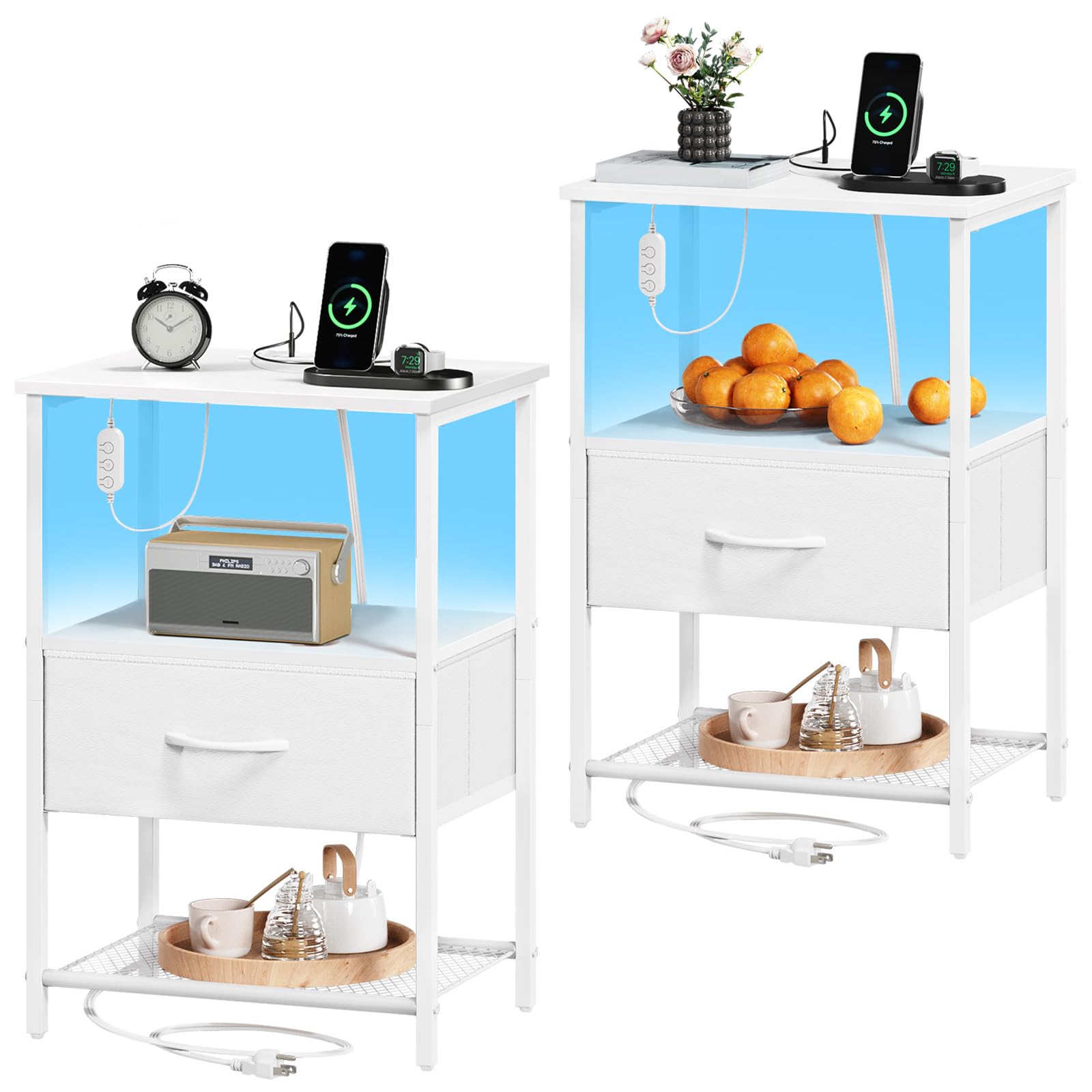 Somdot Nightstand with Charging Station and LED Light for Bedroom, Bedside Table End Table for Dorm Guest Room Bedside Kids Laundry Closet Entryway Hallway, Black