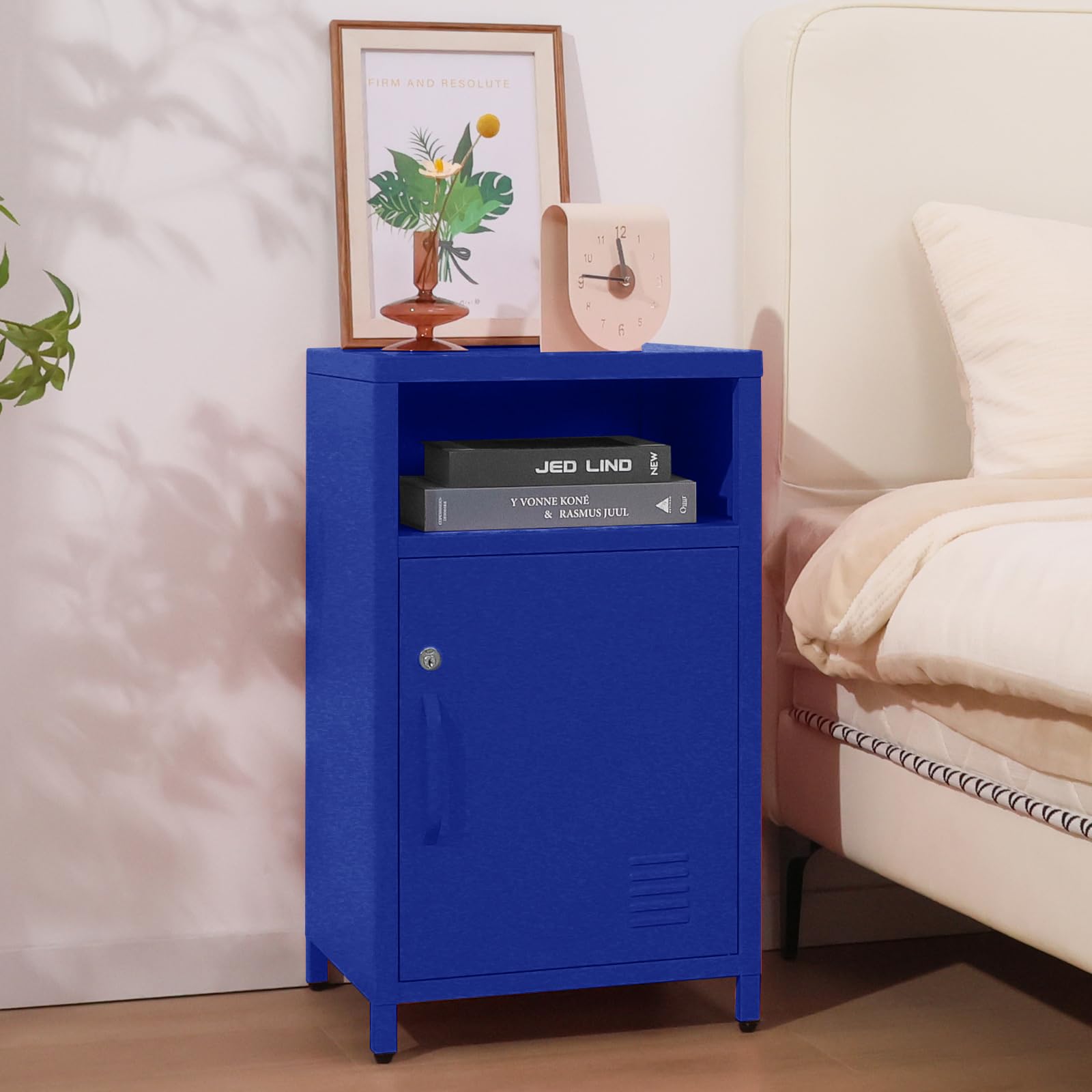 ALBAD Compact Metal Nightstand with Lockable Cabinet and Open Shelf, Modern Bedside Table, Versatile Side Table for Bedroom, Living Room, or Office (Black, 26" H-Lockable Door)