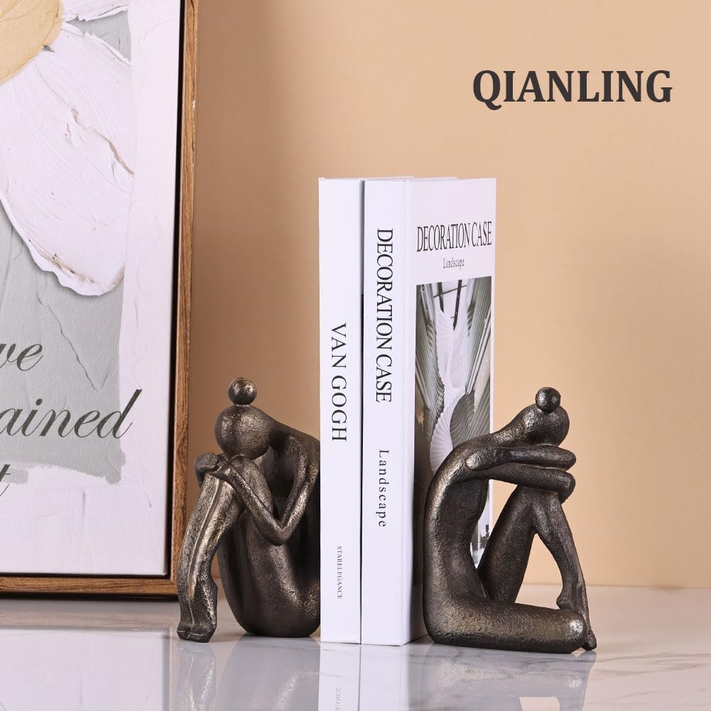 2-Piece Thinker Girl Decorative Bookends, Non-Skid Resin Book Stoppers