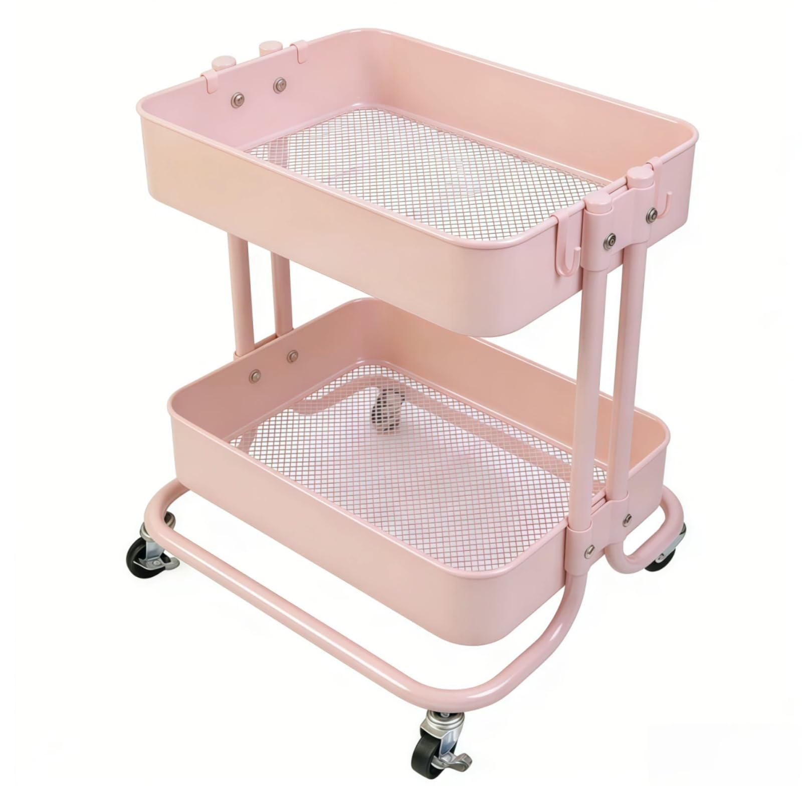 2 Tier Under Desk Storage Cart with Wheels Heavy Duty Metal Short Rolling Pantry Storage Cart for Small Space, Utility Trolley for Kitchen Bathroom Laundry Cute Snack Craft Organizer, White