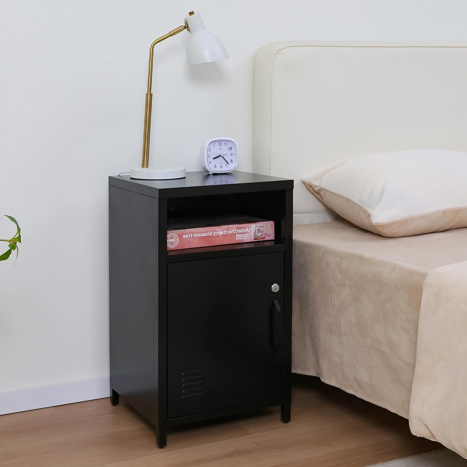 ALBAD Compact Metal Nightstand with Lockable Cabinet and Open Shelf, Modern Bedside Table, Versatile Side Table for Bedroom, Living Room, or Office (Black, 26" H-Lockable Door)