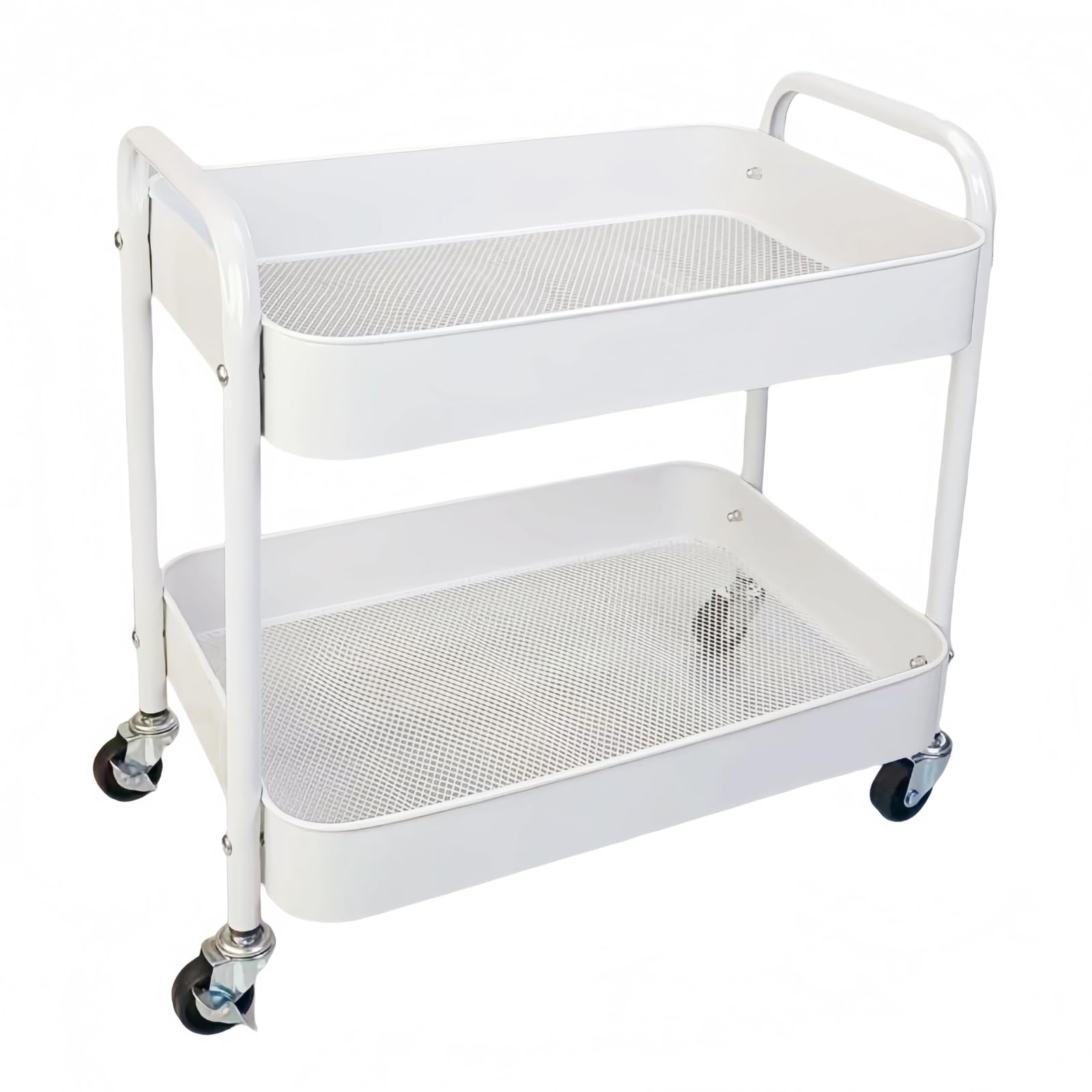 2 Tier Under Desk Storage Cart with Wheels Heavy Duty Metal Short Rolling Pantry Storage Cart for Small Space, Utility Trolley for Kitchen Bathroom Laundry Cute Snack Craft Organizer, White