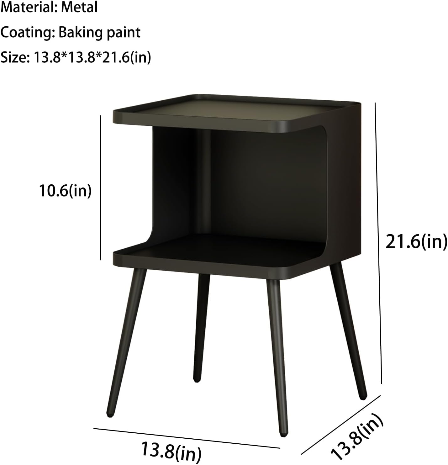 Modern Metal Side Table Nightstand, Small Square End Table for Bedroom & Living Room, Matte Black Bedside Table with Storage, Minimalist Accent Table for Small Spaces