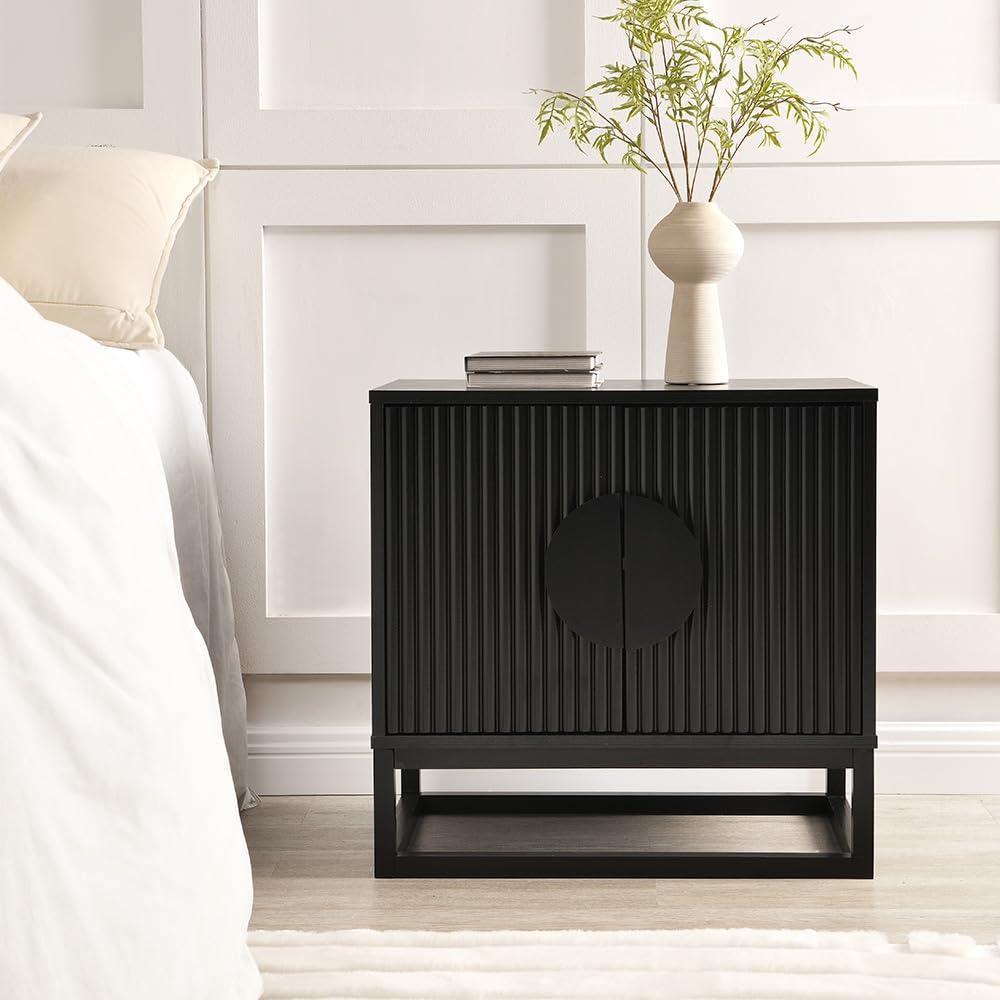 conifferism Black Nightstand with 2 Drawers, Bedroom Modern Bedside Table with Metal Legs, Fluted Couch End Side Table for Small Spaces, Living Room