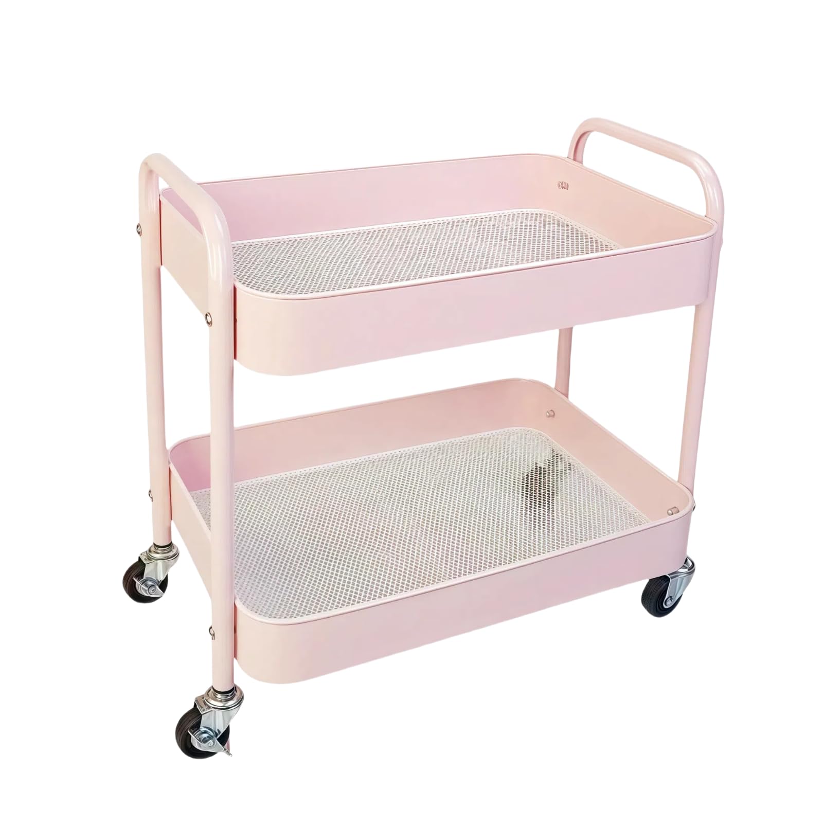 2 Tier Under Desk Storage Cart with Wheels Heavy Duty Metal Short Rolling Pantry Storage Cart for Small Space, Utility Trolley for Kitchen Bathroom Laundry Cute Snack Craft Organizer, White