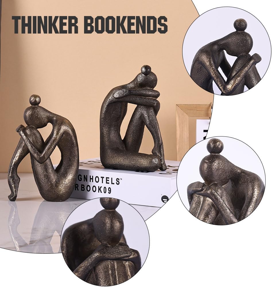 2-Piece Thinker Girl Decorative Bookends, Non-Skid Resin Book Stoppers