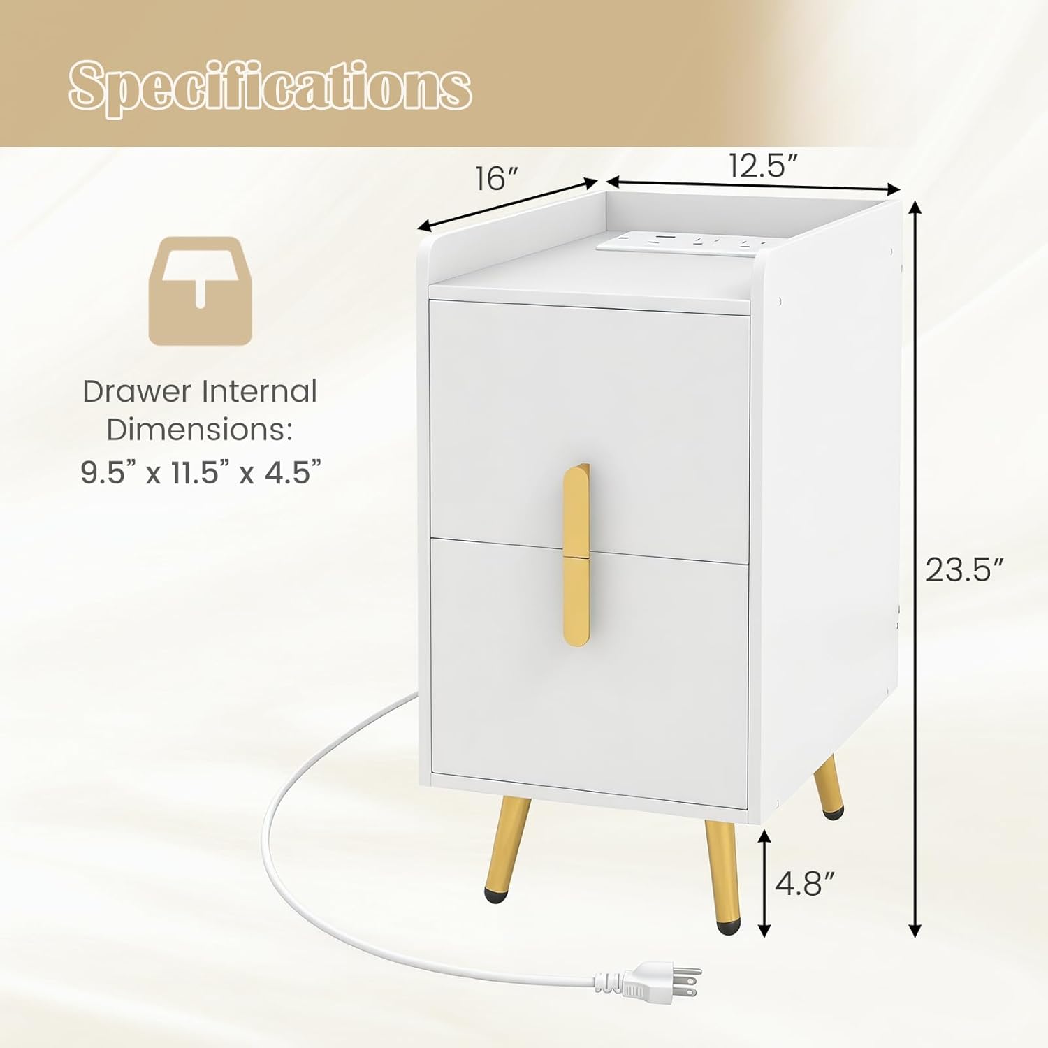 Giantex Nightstand with Charging Station Set of 2, Narrow End Table with 2 Drawers & Metal Gold Legs, Small Sofa Side Table w/USB & Type-C Port, 3 Outlets, Modern Night Stand for Small Spaces, White
