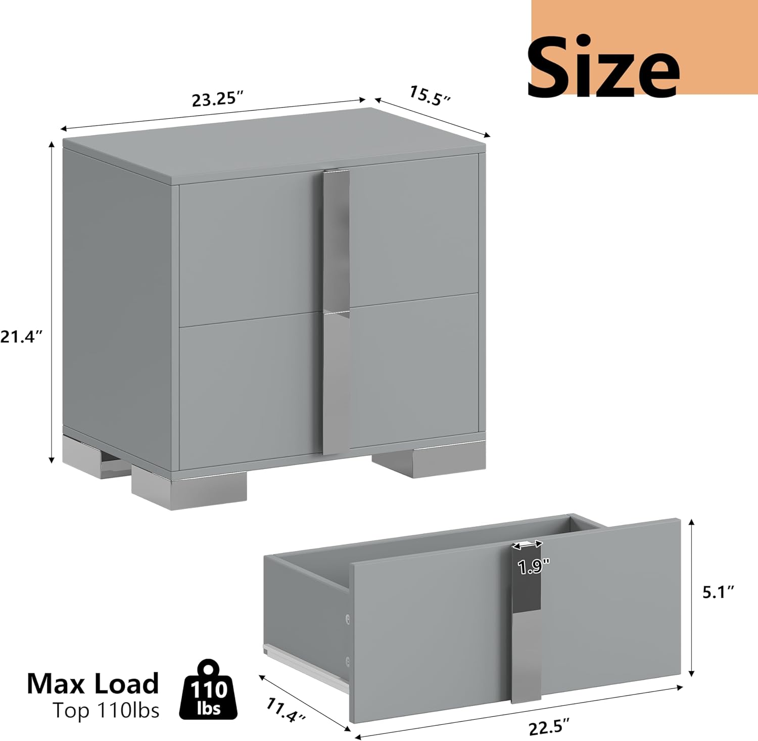 Linique Modern Nightstand with Metal Handle and Base, 2 Drawers Bed Side Table, Wooden End Table for Living Room, Grey
