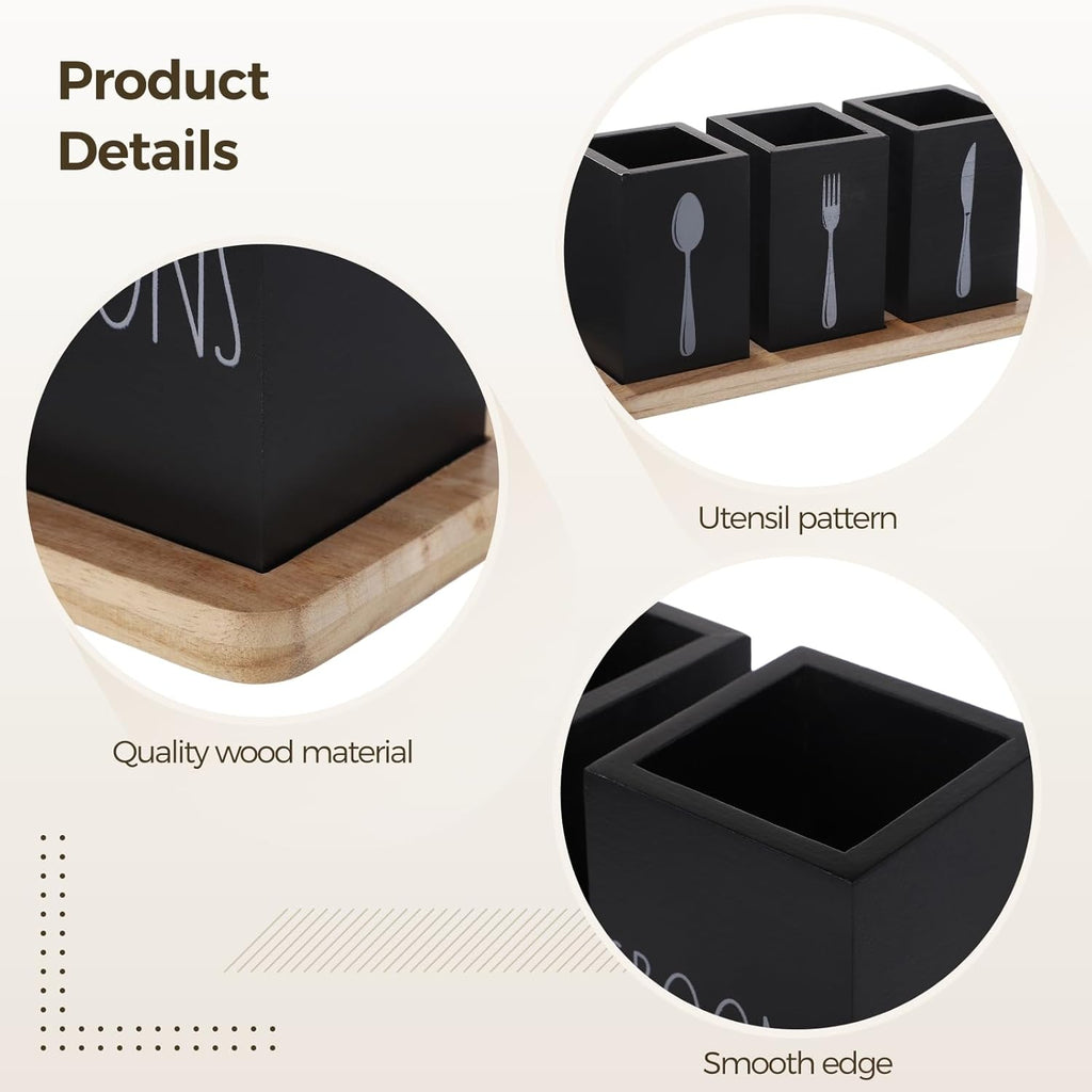 Black Wooden Utensil Organizer with 3 Compartments, Compact Cutlery Storage Rack for Kitchen Countertops, Tabletop Fork and Spoon Holder Caddy, Space-Saving Minimalist Design for Dining Tables