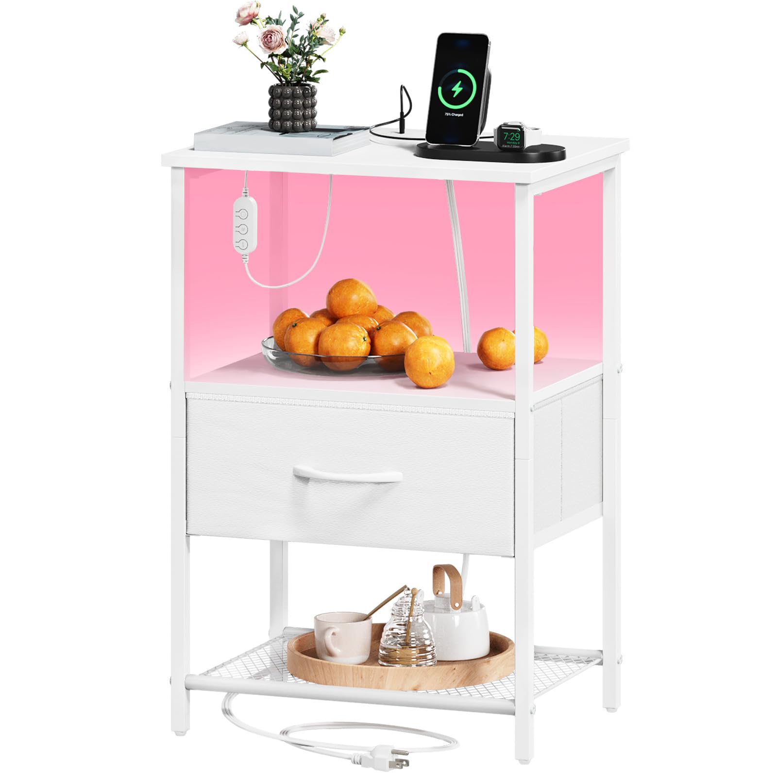 Somdot Nightstand with Charging Station and LED Light for Bedroom, Bedside Table End Table for Dorm Guest Room Bedside Kids Laundry Closet Entryway Hallway, Black