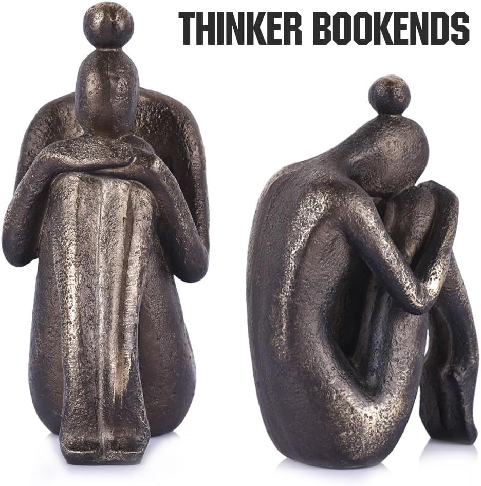 2-Piece Thinker Girl Decorative Bookends, Non-Skid Resin Book Stoppers