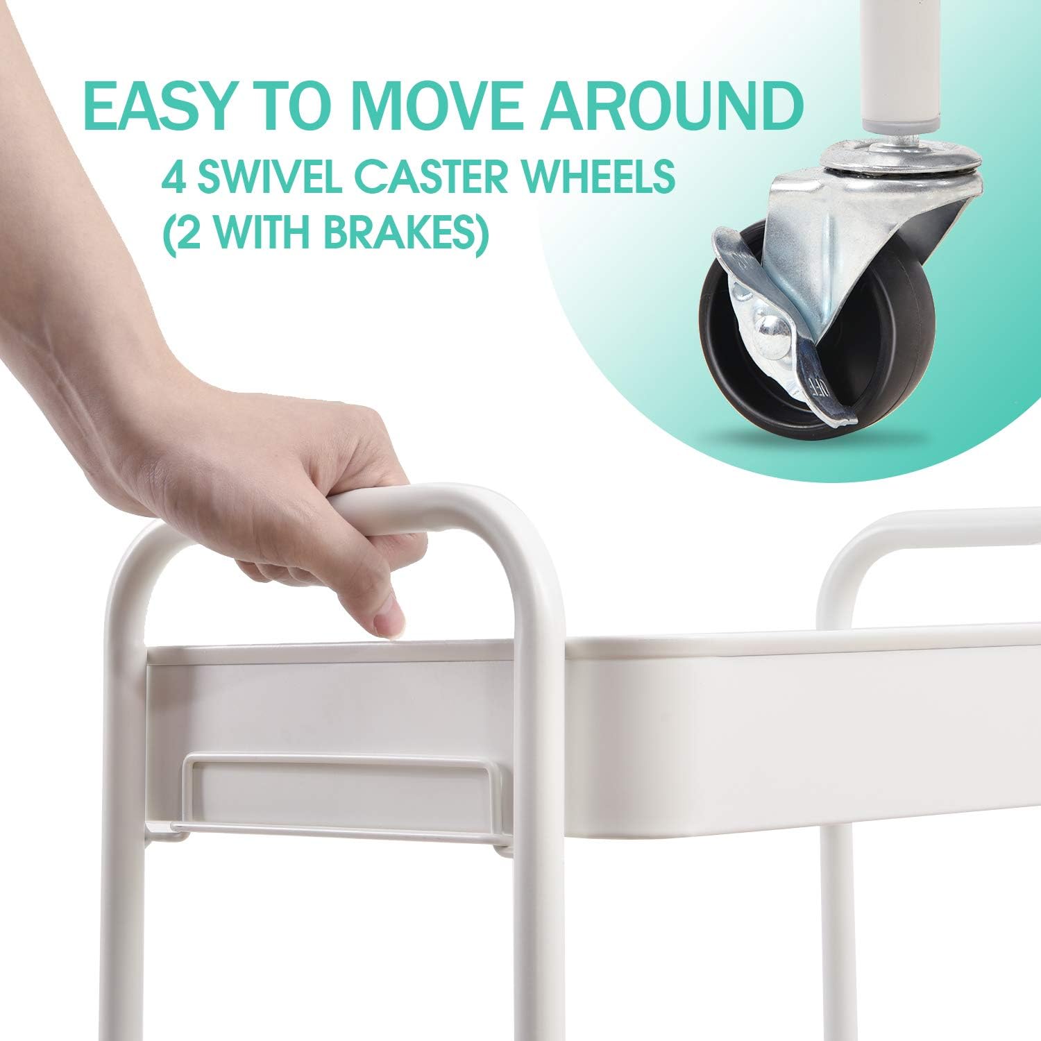 TOOLF 3-Tier Rolling Cart - Metal Utility Storage Organizer with Lockable Wheels, 33 lbs Per Shelf, Tool-Free 5-Min Assembly, for Kitchen Bathroom Office Nursery Craft Room, White