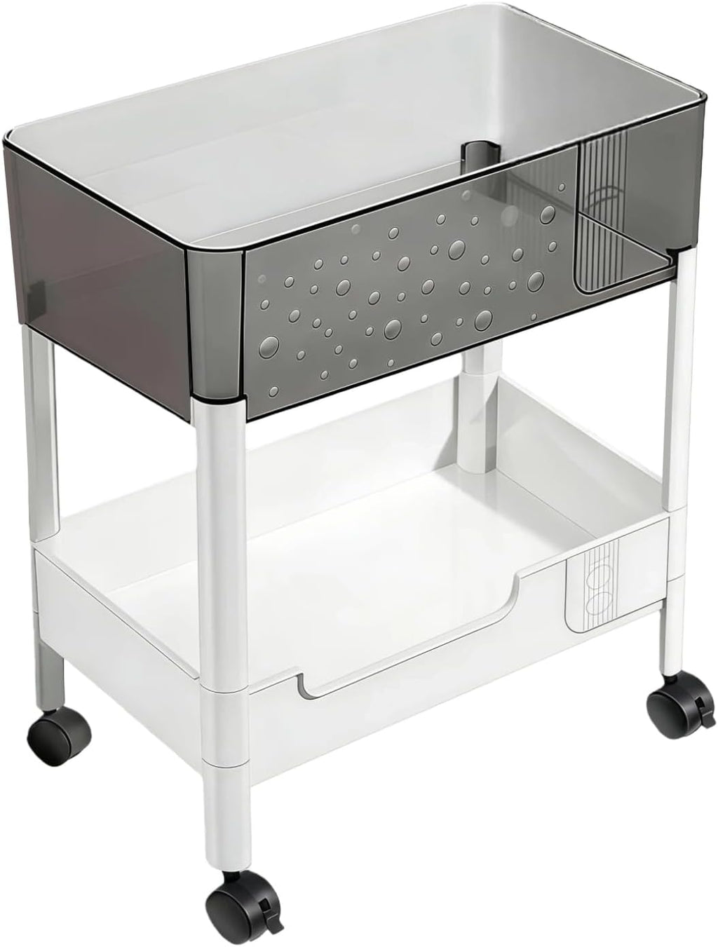 2 Tier Rolling Cart with Wheels for Under Desk Storage, Heavy Duty Plastic Short Small Utility Cart for Small Space Bathroom Vanity Makeup Organizer Pantry, 4.7'' Deep Baskets for Tall Bottles