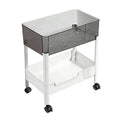 2 Tier Rolling Cart with Wheels for Under Desk Storage, Heavy Duty Plastic Short Small Utility Cart for Small Space Bathroom Vanity Makeup Organizer Pantry, 4.7'' Deep Baskets for Tall Bottles
