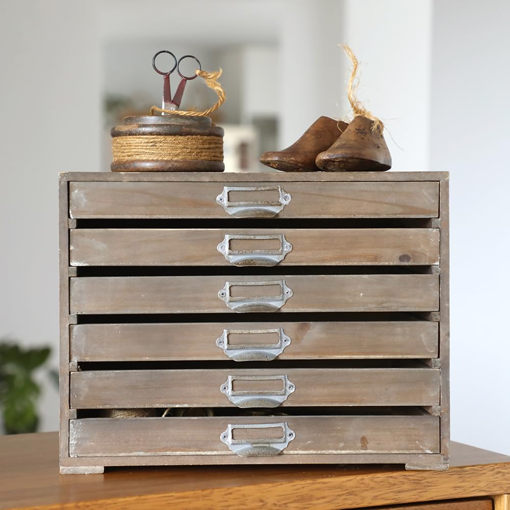 Vintage Wooden Storage Box Desktop Organizer Cabinet with 6 Drawers Rustic Farmhouse Distressed Decor Jewelry Cosmetics Craft Paper Small Tool Library Card Catalog Cabinet for Home Office Desk (Brown)