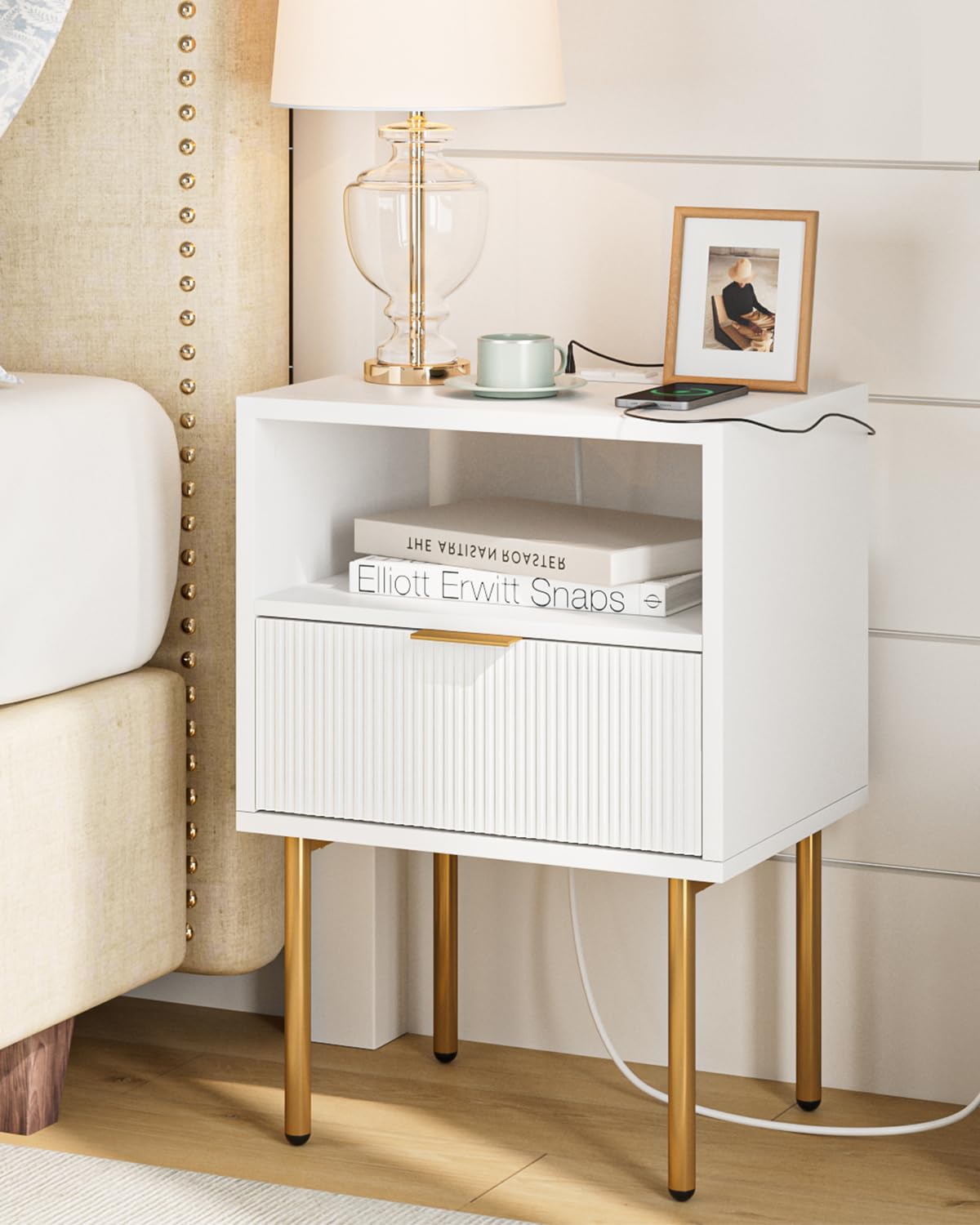 Masupu Nightstand with Charging Station,Mid-Century Modern Bedside Table with Storage Drawer and Open Wood Shelf,Small Gold Frame Side Table for Bedroom,Living Room (Black)