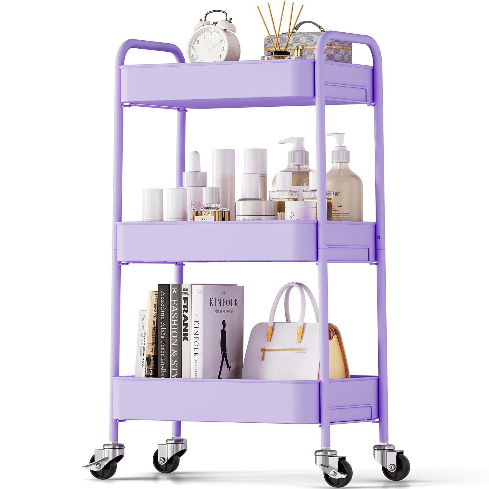 TOOLF 3-Tier Rolling Cart - Metal Utility Storage Organizer with Lockable Wheels, 33 lbs Per Shelf, Tool-Free 5-Min Assembly, for Kitchen Bathroom Office Nursery Craft Room, White