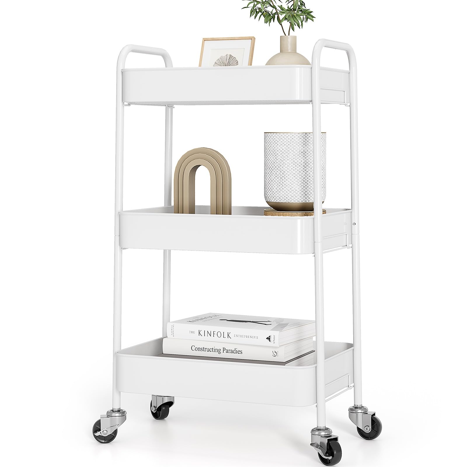 TOOLF 3-Tier Rolling Cart - Metal Utility Storage Organizer with Lockable Wheels, 33 lbs Per Shelf, Tool-Free 5-Min Assembly, for Kitchen Bathroom Office Nursery Craft Room, White