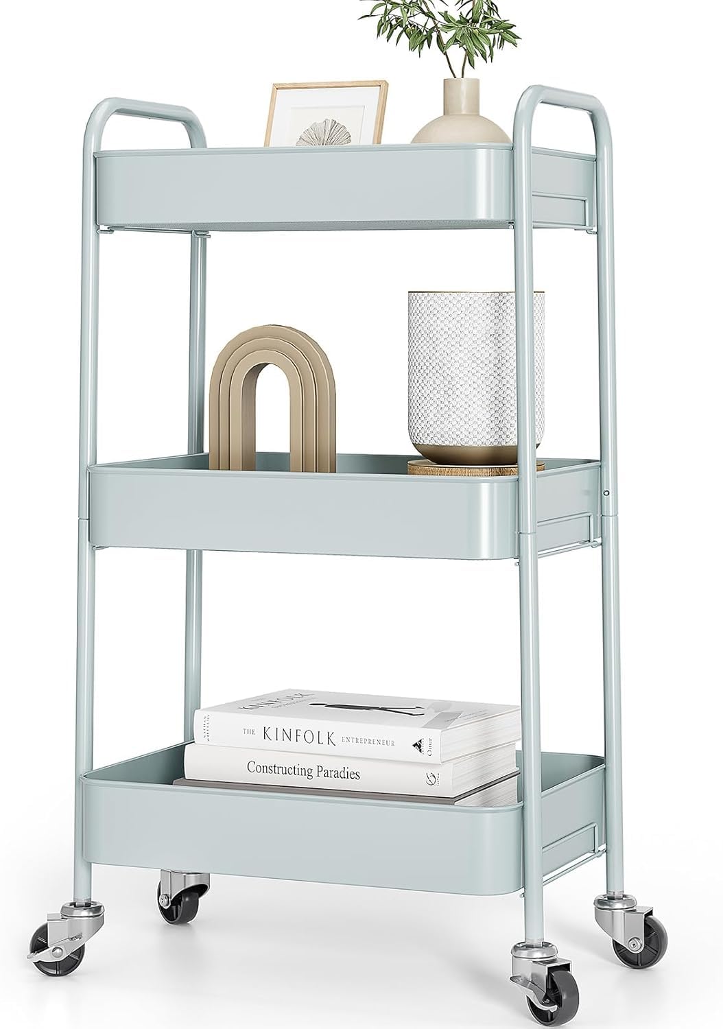TOOLF 3-Tier Rolling Cart - Metal Utility Storage Organizer with Lockable Wheels, 33 lbs Per Shelf, Tool-Free 5-Min Assembly, for Kitchen Bathroom Office Nursery Craft Room, White
