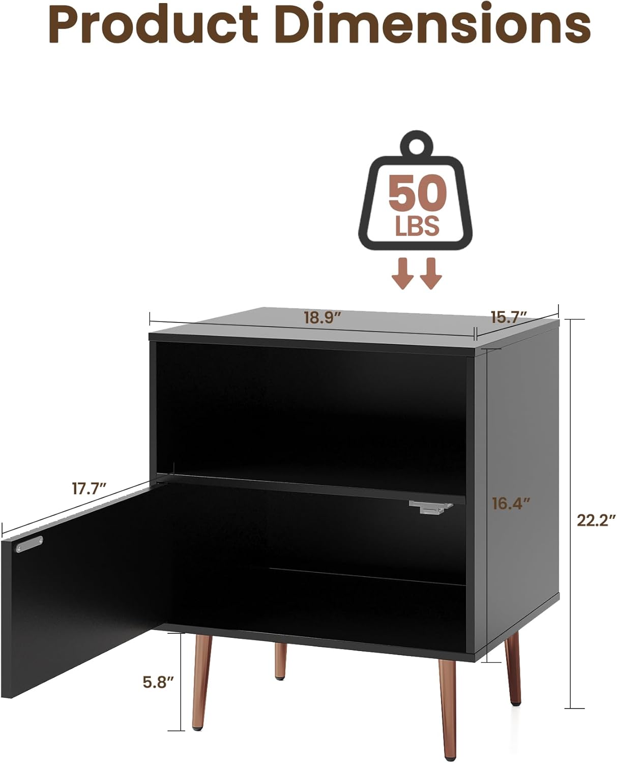 Black Nightstands Set of 2,Modern Bedside Table with Door and Open Storage,Fluted Nightstand and Wood End Side Table with Rose Gold Metal Legs and Handles for Bedroom,Living Room,Black