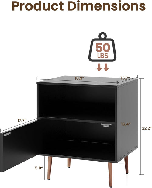 Black Nightstands Set of 2,Modern Bedside Table with Door and Open Storage,Fluted Nightstand and Wood End Side Table with Rose Gold Metal Legs and Handles for Bedroom,Living Room,Black