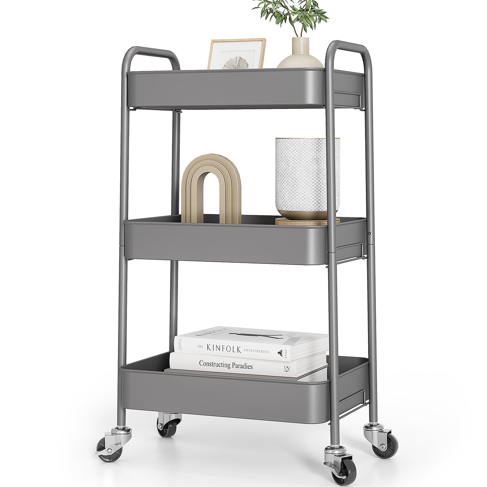 TOOLF 3-Tier Rolling Cart - Metal Utility Storage Organizer with Lockable Wheels, 33 lbs Per Shelf, Tool-Free 5-Min Assembly, for Kitchen Bathroom Office Nursery Craft Room, White