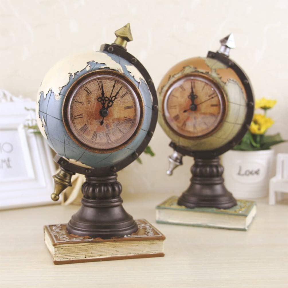 EXCEART Globe Clock Desk Decoration Retro Vintage Table Clock Adornment Creative Home Office Desktop Ornament 9.44X4.72X4.72In Without Battery