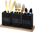Black Wooden Utensil Organizer with 3 Compartments, Compact Cutlery Storage Rack for Kitchen Countertops, Tabletop Fork and Spoon Holder Caddy, Space-Saving Minimalist Design for Dining Tables