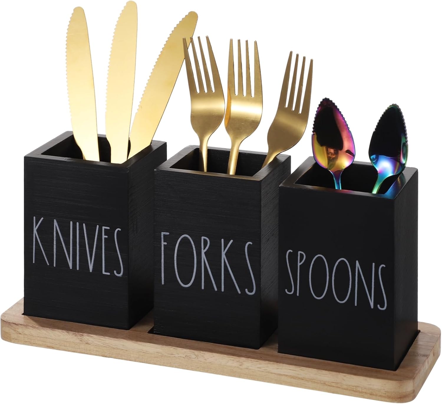 Black Wooden Utensil Organizer with 3 Compartments, Compact Cutlery Storage Rack for Kitchen Countertops, Tabletop Fork and Spoon Holder Caddy, Space-Saving Minimalist Design for Dining Tables