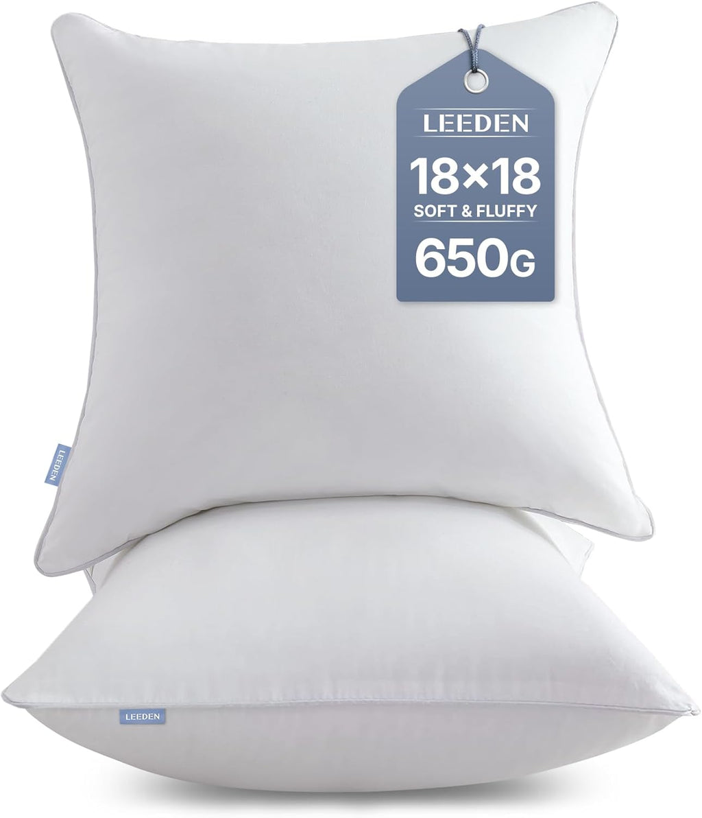 Leeden 18 x 18 Pillow Inserts (Set of 2) - Throw Pillow Inserts with 100% Cotton Cover - 18 Inch Square Decorative Pillows for Sofa, Couch, Bed and Home Decor