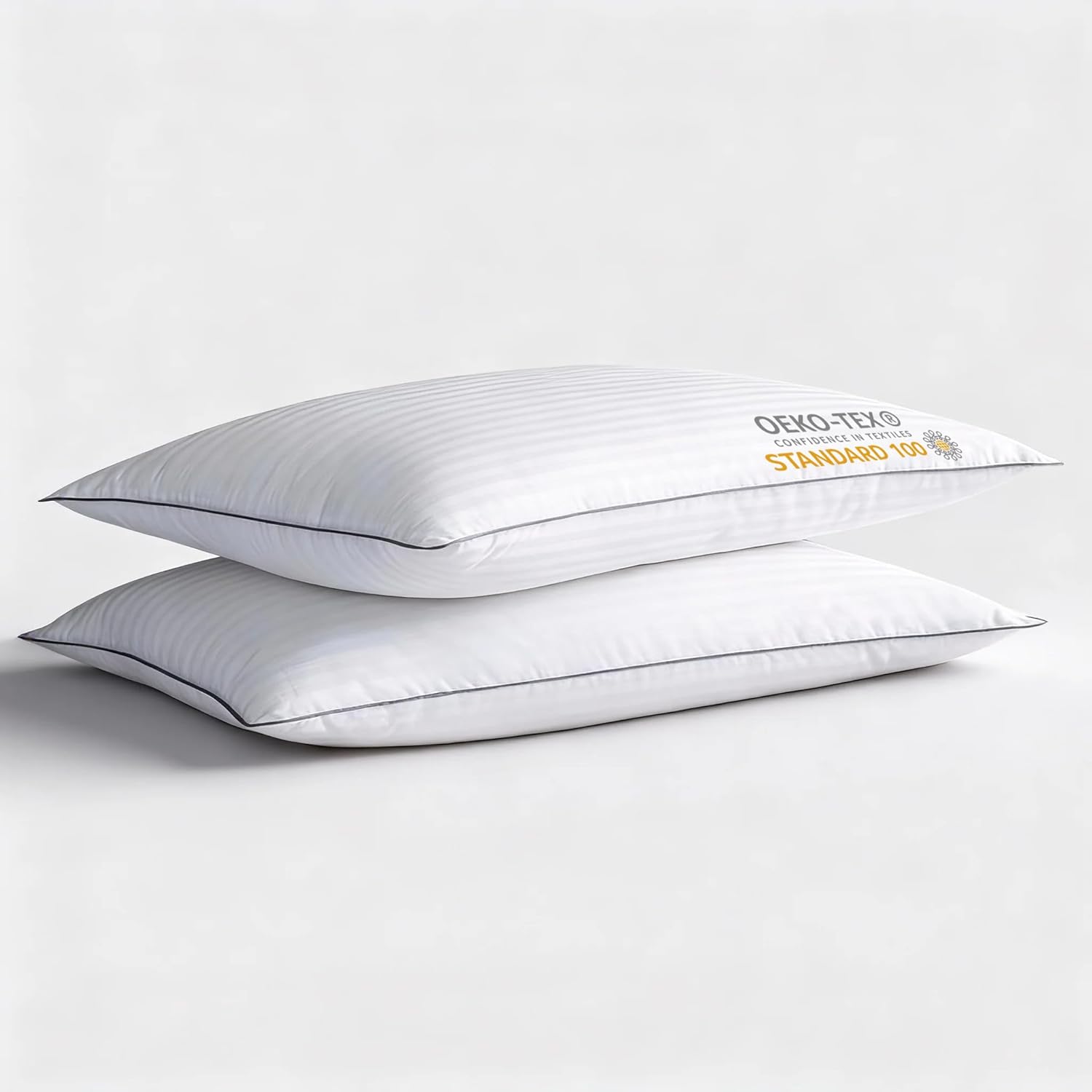 Ultra Thin Flat Soft Bed Pillows Standard Size Set of 2 Pack for Sleeping, Hypoallergenic Squishy Pillow for Stomach Back Sleeper, Machine Washable White Striped 20x26 inches