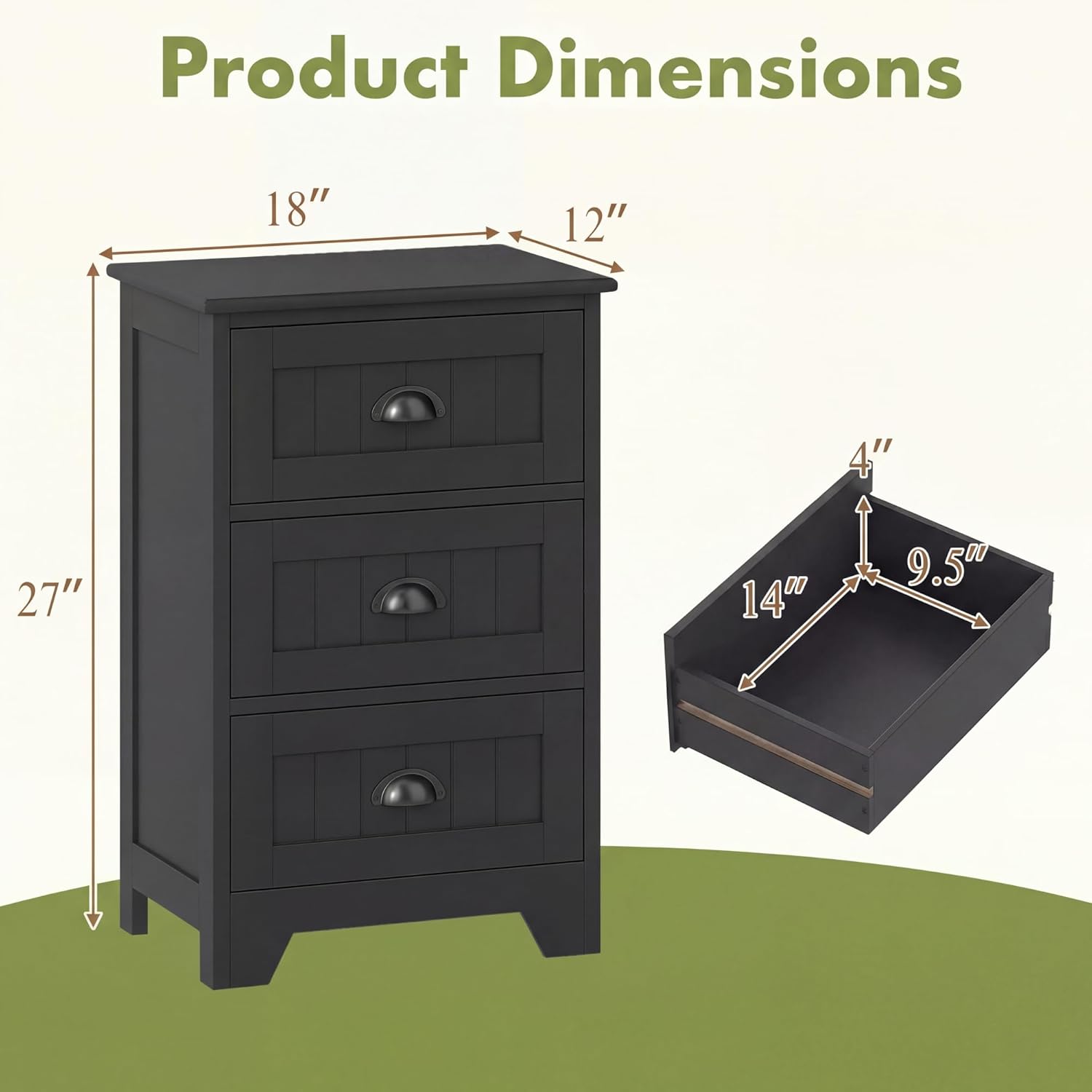 Giantex Nightstand with 3 Drawers, Bedside Table with Exquisite Metal Handles, Accent Table Sofa Side Table with Anti-toppling Device for Bedroom, Study, Black