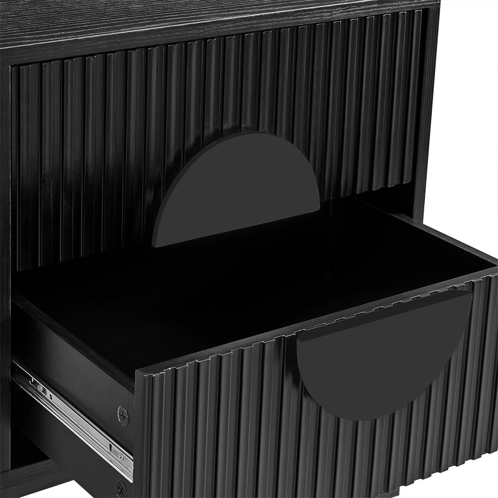 conifferism Black Nightstand with 2 Drawers, Bedroom Modern Bedside Table with Metal Legs, Fluted Couch End Side Table for Small Spaces, Living Room
