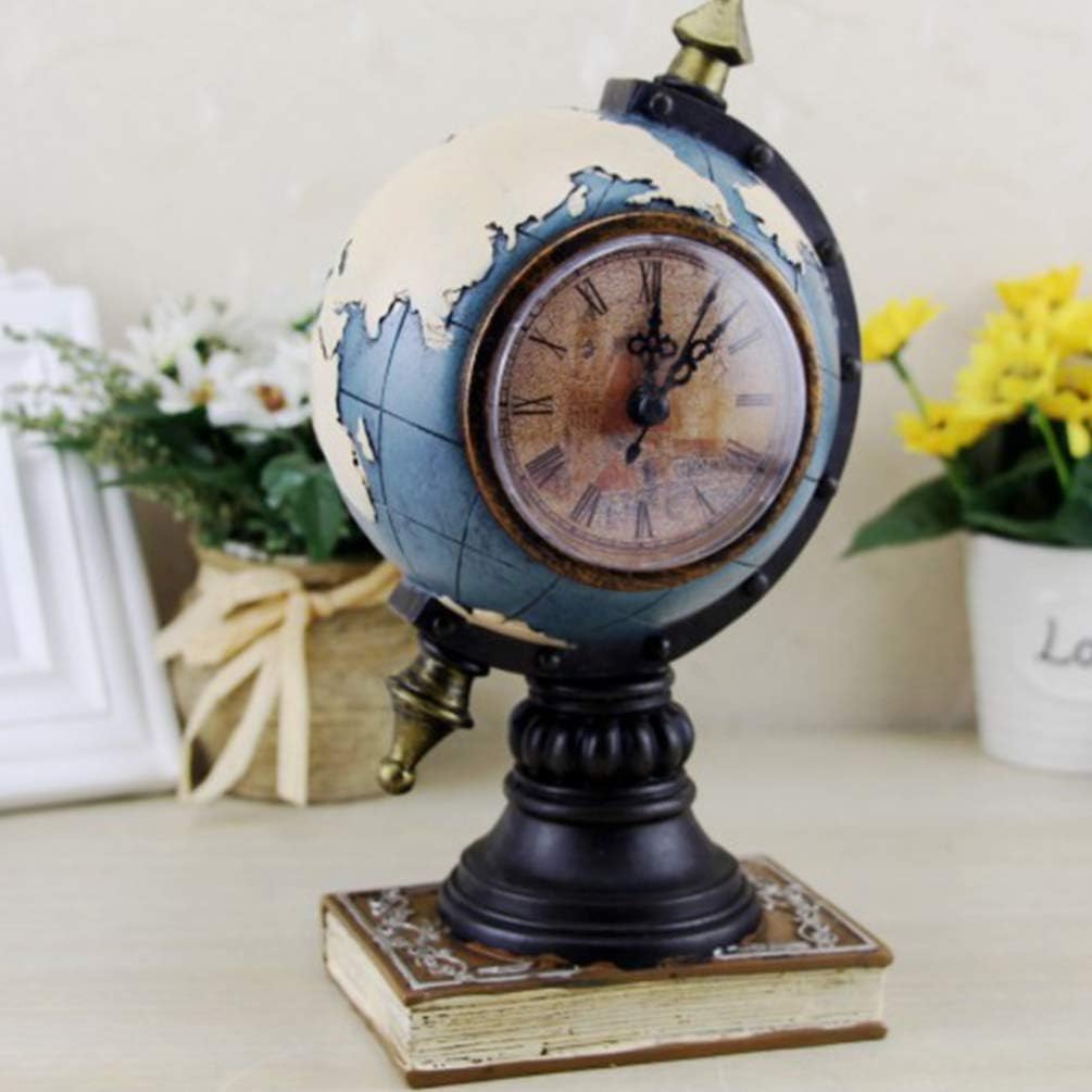 EXCEART Globe Clock Desk Decoration Retro Vintage Table Clock Adornment Creative Home Office Desktop Ornament 9.44X4.72X4.72In Without Battery