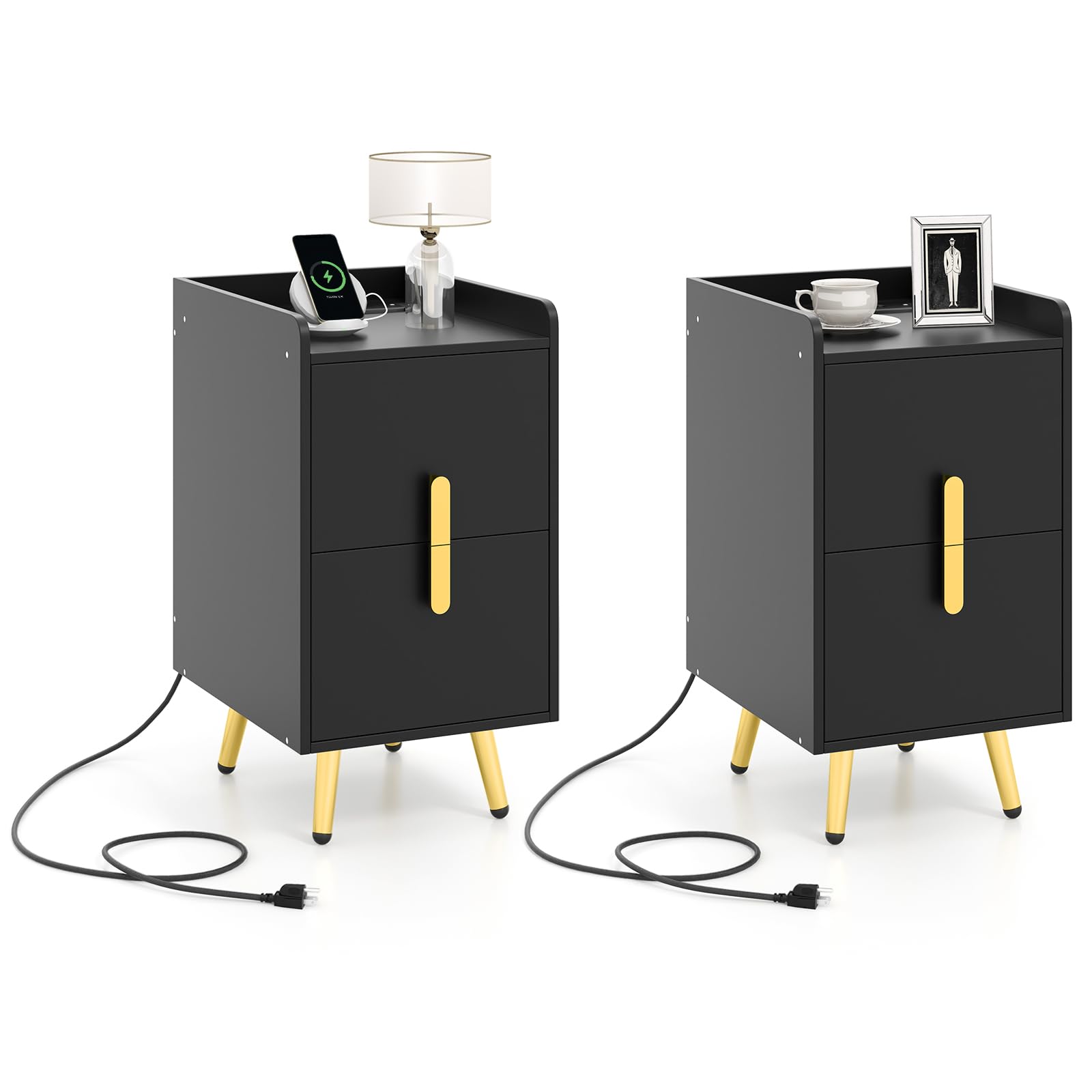 Giantex Nightstand with Charging Station Set of 2, Narrow End Table with 2 Drawers & Metal Gold Legs, Small Sofa Side Table w/USB & Type-C Port, 3 Outlets, Modern Night Stand for Small Spaces, White