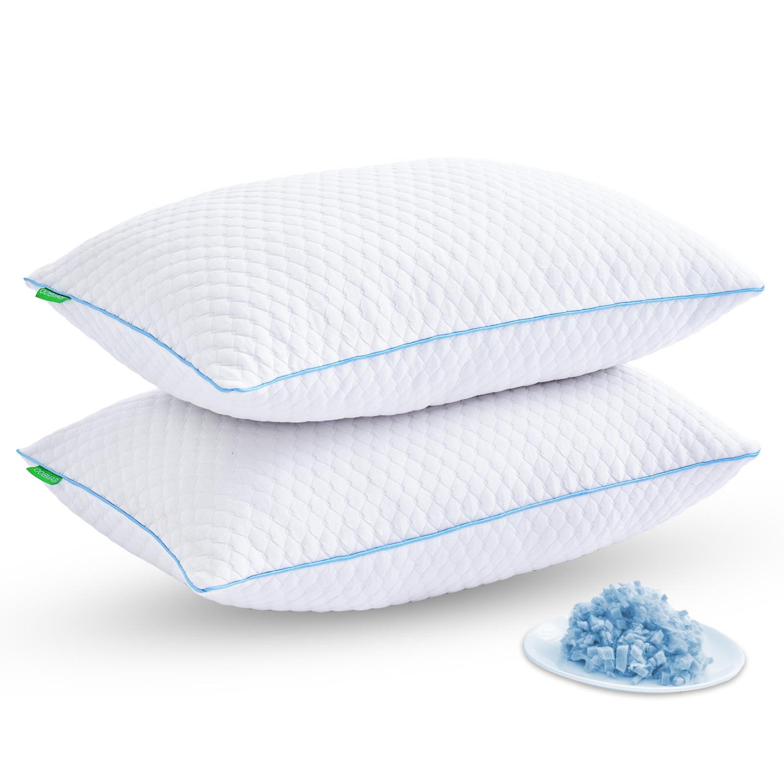 Shredded Memory Foam Pillows for Sleeping 2 Pack - Cooling Bed Pillows Standard Size Set of 2 - Firm Pillow for Side and Back Sleepers Adjustable Gel Pillow with Removable Cover