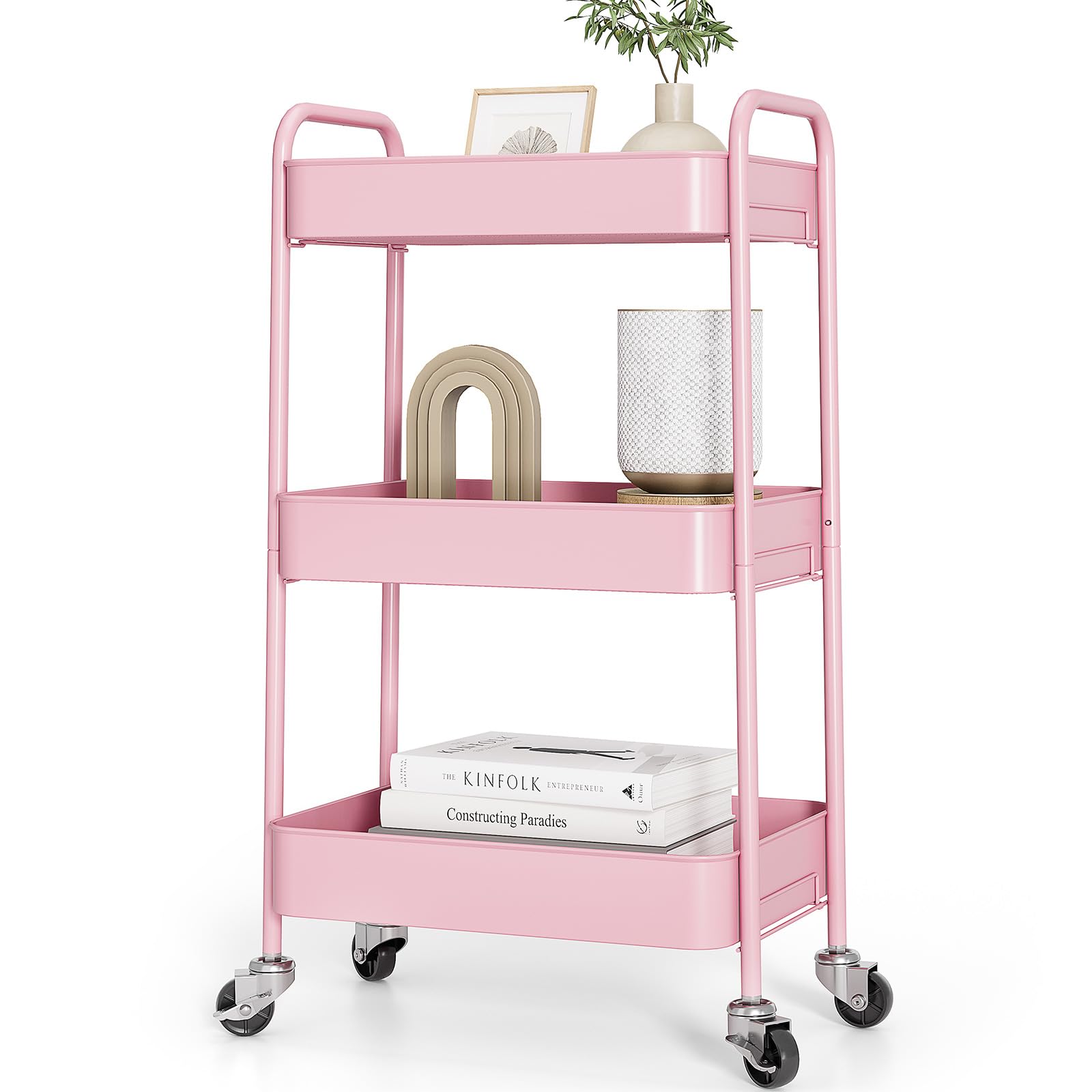 TOOLF 3-Tier Rolling Cart - Metal Utility Storage Organizer with Lockable Wheels, 33 lbs Per Shelf, Tool-Free 5-Min Assembly, for Kitchen Bathroom Office Nursery Craft Room, White
