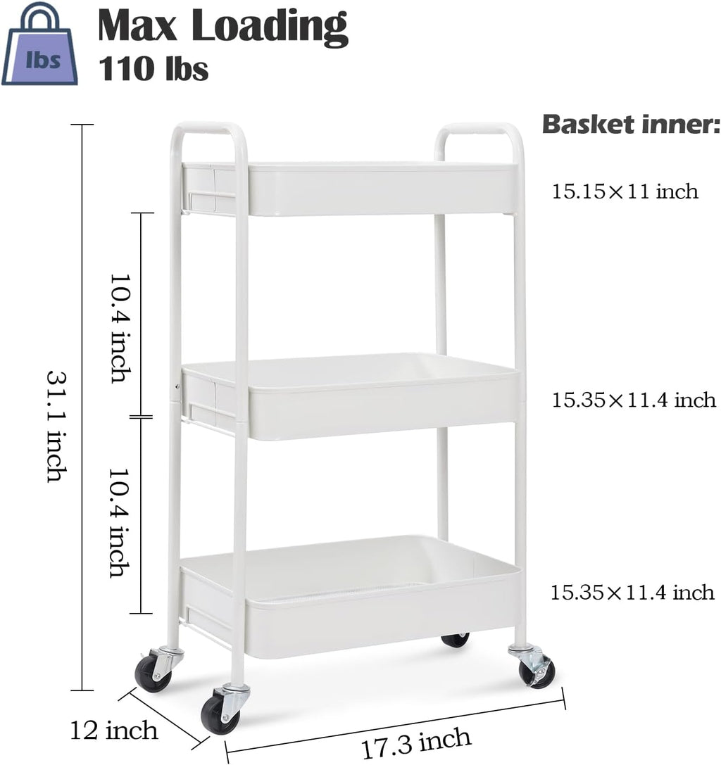 TOOLF 3-Tier Rolling Cart - Metal Utility Storage Organizer with Lockable Wheels, 33 lbs Per Shelf, Tool-Free 5-Min Assembly, for Kitchen Bathroom Office Nursery Craft Room, White