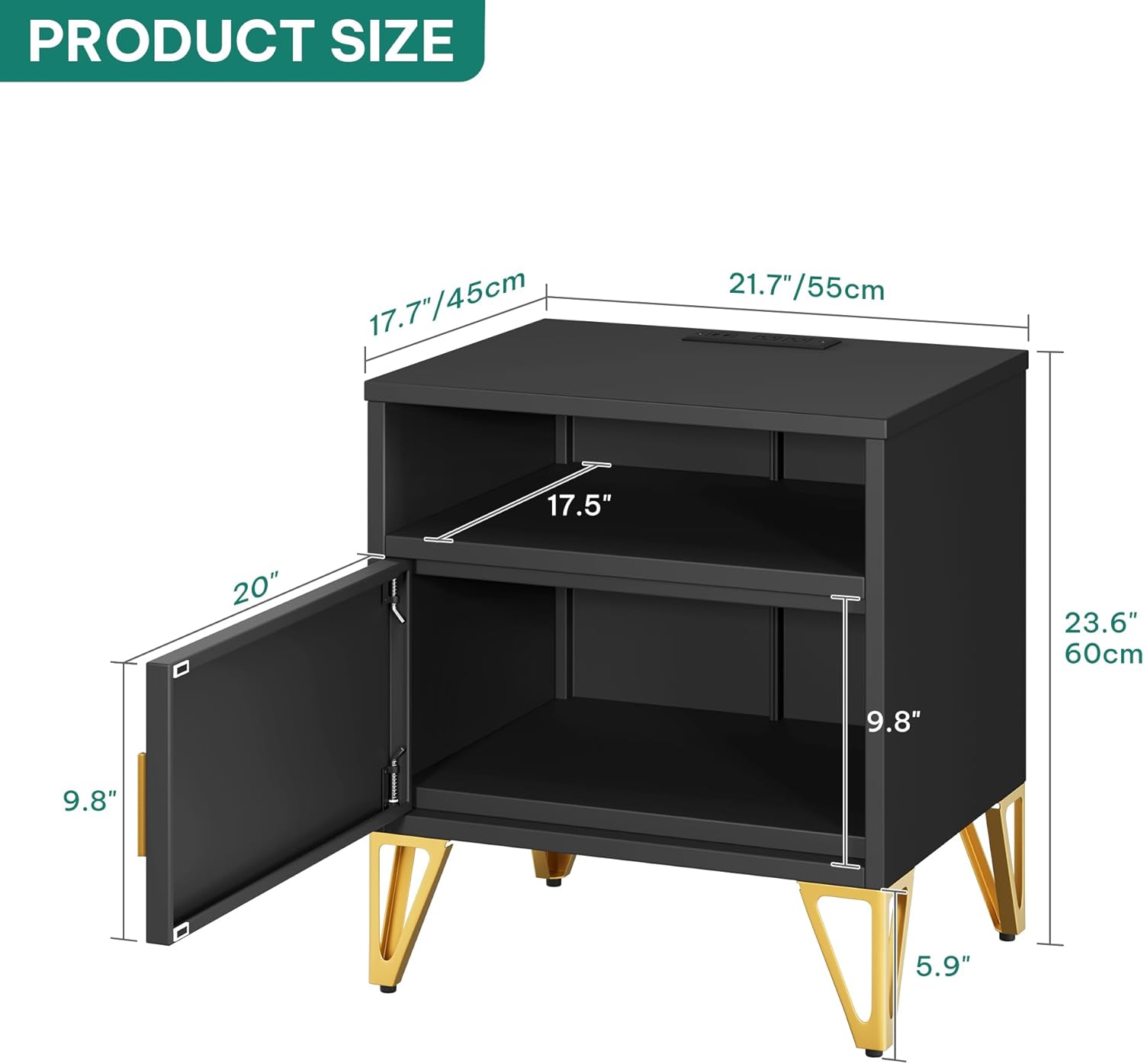YITAHOME Night Stand Set 2, Fluted Nightstand with Charging Station, Metal Bedside Table with Storage Shelf, Modern End Tables for Bedroom Sofa Couch, Black