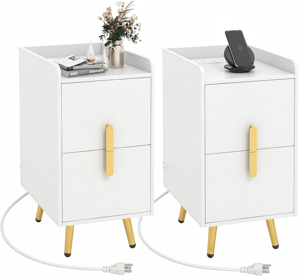 Giantex Nightstand with Charging Station Set of 2, Narrow End Table with 2 Drawers & Metal Gold Legs, Small Sofa Side Table w/USB & Type-C Port, 3 Outlets, Modern Night Stand for Small Spaces, White