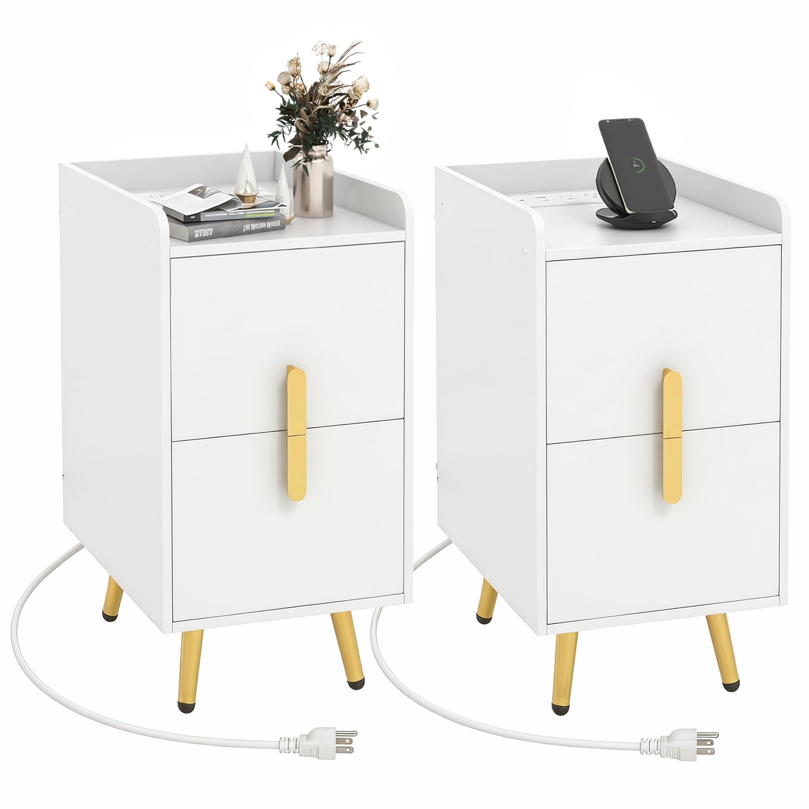 Giantex Nightstand with Charging Station Set of 2, Narrow End Table with 2 Drawers & Metal Gold Legs, Small Sofa Side Table w/USB & Type-C Port, 3 Outlets, Modern Night Stand for Small Spaces, White